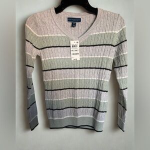 Karen Scott Cable Knit V-Neck Striped Sweater NWT Petite S